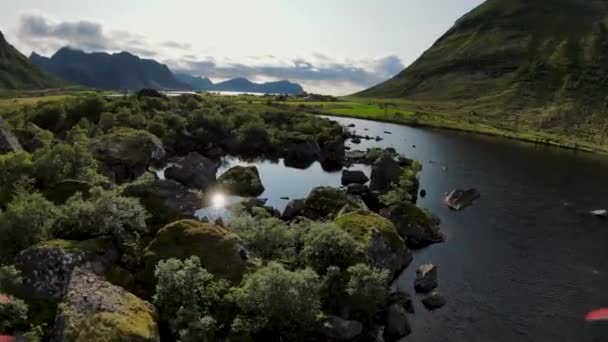 Vliegend Enkele Rotsen Aan Wal Noorwegen Lofoten Met Bergen Achtergrond — Stockvideo