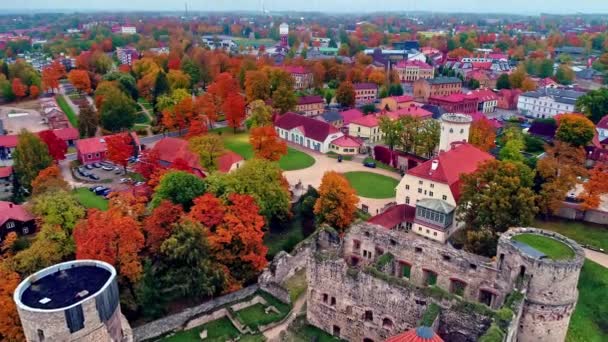 Aerial View Iconic Medieval Castle Called Csis Castle Latvia Surrounded — Stock Video