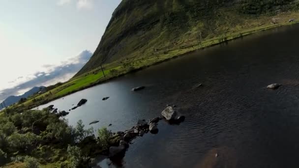 Latający Nad Jeziorem Norwegii Lofoten Górami Tle Zwolnionym Tempie — Wideo stockowe