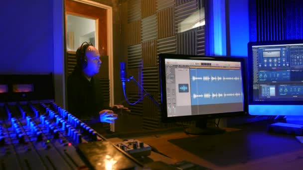 Man Recording Voice Recording Studio Vocal Booth Talking Microphone Audio — Vídeo de Stock