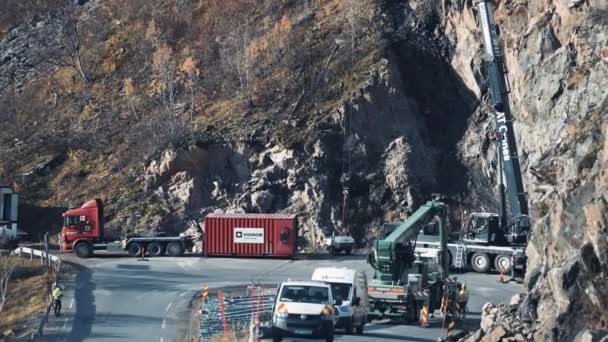 Roadworks Hight Works Slope Reinforcement Narrow Mountain Road Senja Norway — Wideo stockowe