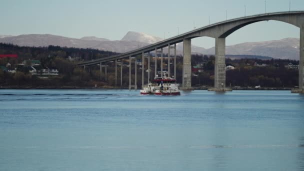 Fishing Ship Passing Bridge Senja Island Norway Slow Motion Pan — 비디오