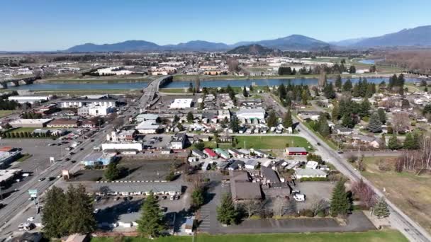 Cinematic Aerial Drone Trucking Shot Skagit River Bridges Commercial Area — Video Stock