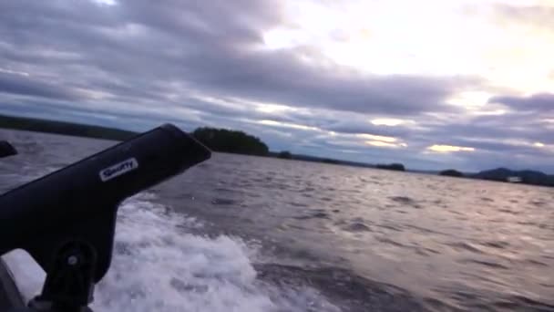 Fishing Boat Speeding Northern Lake Sweden Rod Mount Foreground — стоковое видео