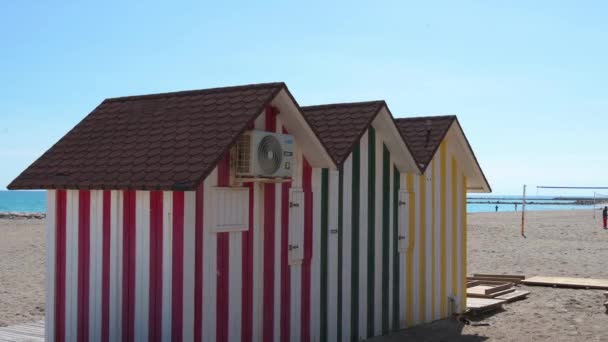 Multi Colored Beach Huts Seen Shore Mediterranean Sea Alicante Spain — Stock Video