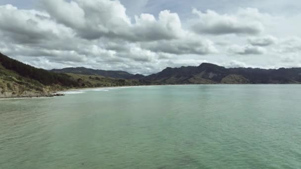 秋のトラガ湾の海岸の柔らかい緑の雰囲気を明らかにする空中 — ストック動画