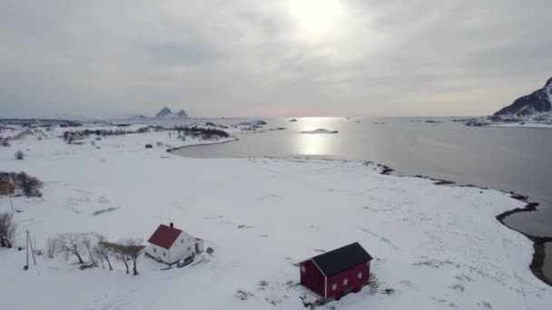 Revealing Norwegian Traditional Farm Nice Winter Scenery Landscape Backward Aerial — Stockvideo