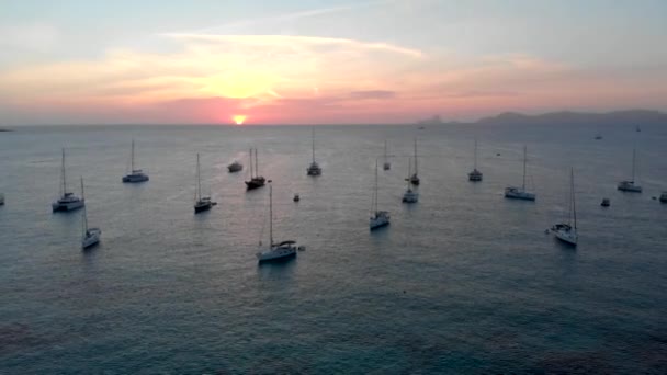 Drone Video Sunset Formentera Island Overview Yatchs Sea — Stock Video