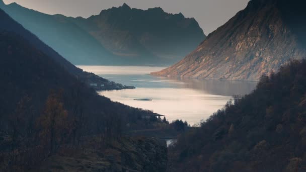 Mountains Tower Fjord Senja Island Setting Sun Lit Calm Waters — Vídeo de Stock