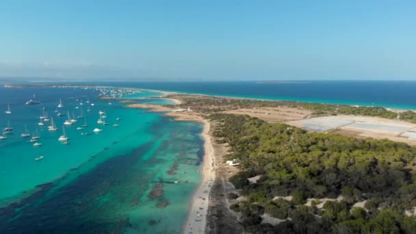 Drone Video Ses Illetes Island Formentera Surrounded Yatchs Ibiza Spain — стоковое видео