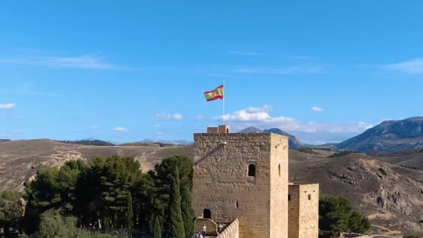 Antequera Alcazaba Castle Spanish Flag Waving Mountains Background — Wideo stockowe