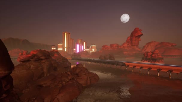 Sci Kyberprostor Dystopie Silnice Opuštěné Krajině Vysoké Budovy Neonovými Světly — Stock video