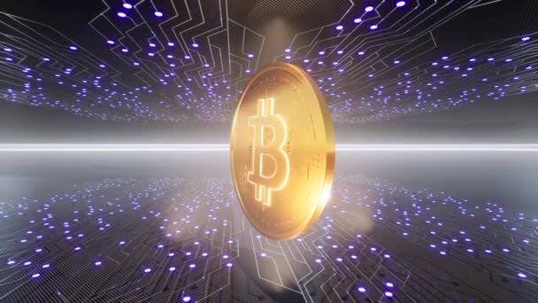 Gold Bitcoin, cryptocurrency coin, 3D model with blockchain network connections, cyberspace with neon lights, 3D animation.