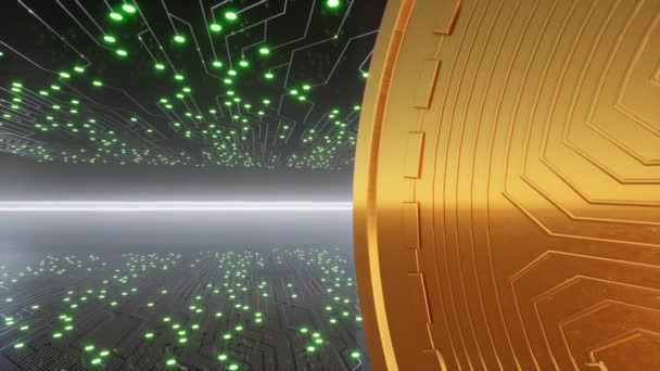 Gold Bitcoin Kryptovaluutta Kolikko Malli Blockchain Verkkoyhteys Kyberavaruus Neon Valot — kuvapankkivideo