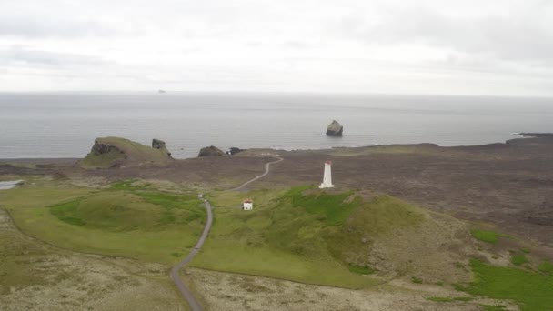 Aerial Panoramic Lighthouse Geothermal Field Gunnuhver Reykjanes Peninsula Iceland — Vídeos de Stock