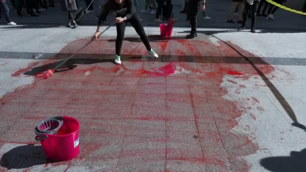 在西班牙马德里举行的反对在毛皮行业使用动物的示威游行之后 亲动物权益组织 自然动物 的积极分子用假血清洗了街道 — 图库视频影像