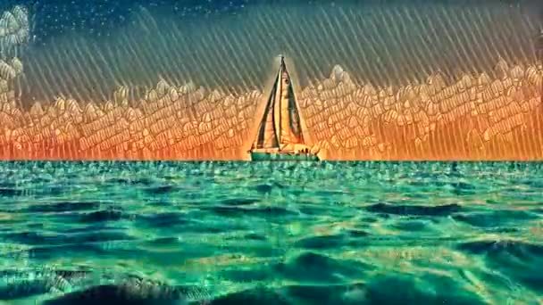 艺术化的漫画动画小游艇在日落时航行 数字艺术概念 — 图库视频影像