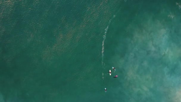 Aerial Vertical View Llandudno Beach Surfers Surfboards Floating Turquoise Blue — стокове відео