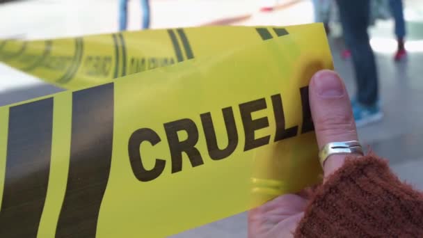 Pro Animal Rights Group Animanaturalis Activist Holds Yellow Tape Word — Stock videók