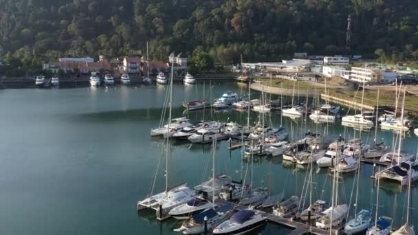 Cinematic Aerial Drone Fly Telaga Harbor Marina Yachts Boats Docked — Vídeos de Stock