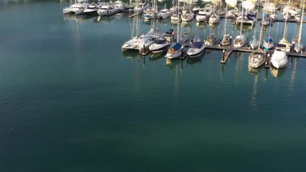 Tilt Shot Reveals Yachts Speedboats Docked Telaga Harbor Marina Fly — 비디오