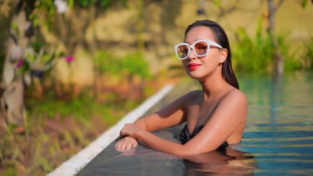 Slow Motion View Attractive Asian Woman Edge Pool Black Bathing — стоковое видео