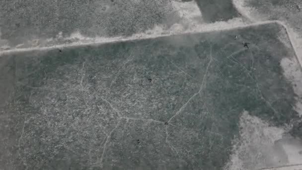 Aerial Birds Eye View Ice Hockey Players Frozen Khalti Lake — Αρχείο Βίντεο