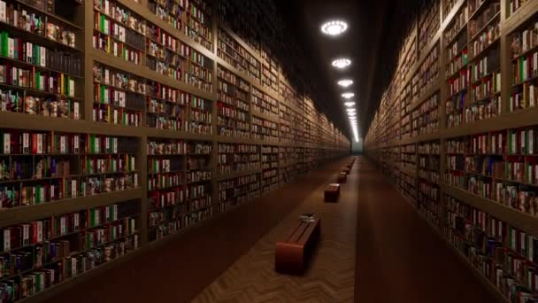 Long Library Corridor Bookcases Thousands Books Wood Floor Chandeliers Ceiling — Video