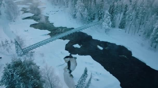 Ponte Acciaio Sul Fiume Vikakongas Con Neve Ghiaccio Inverno Finlandia — Video Stock