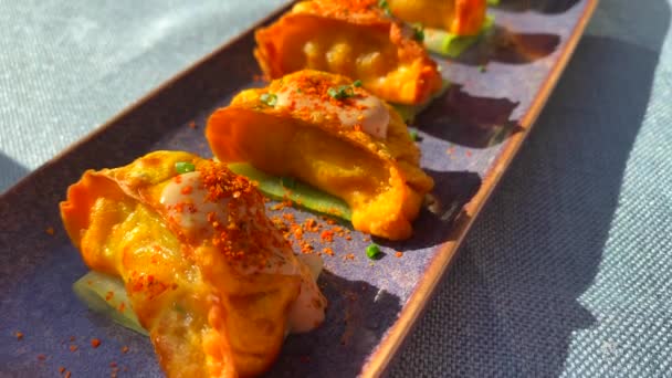 Delicious Mini Empanadas Cucumber Chili Dust Restaurant Tasty Spanish Argentinian — Vídeos de Stock