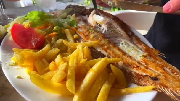 Eating Grilled Sea Bass French Fries Salad Traditional Spanish Food — Wideo stockowe