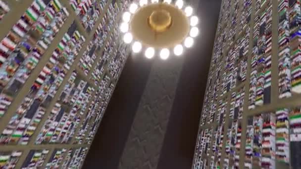 Long Library Corridor Bookcases Thousands Books Wood Floor Chandeliers Ceiling — Stockvideo