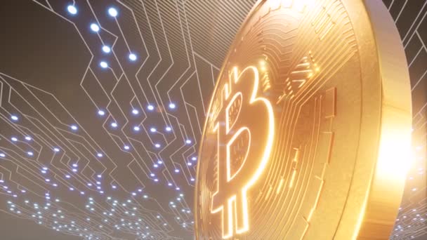 Gold Bitcoin Cryptogeld Munt Model Met Blockchain Netwerkverbindingen Cyberspace Met — Stockvideo