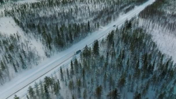 Aerial Camper Driving Winter Landscapes Lapland Finland Drone Shot — Stock video