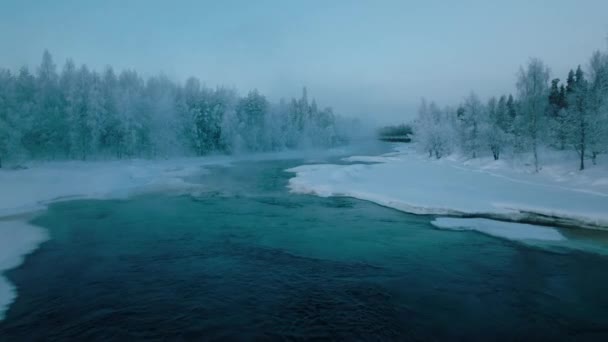 Rzeka Vikakongas Przepływająca Przez Snowy Forest Zimą Finlandii Antena — Wideo stockowe