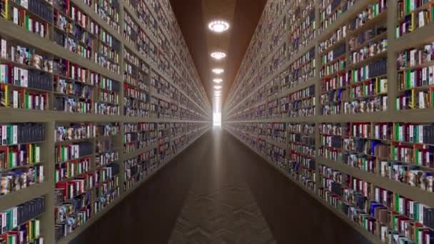 Long Library Corridor Bookcases Thousands Books Wood Floor Chandeliers Ceiling — Vídeo de Stock