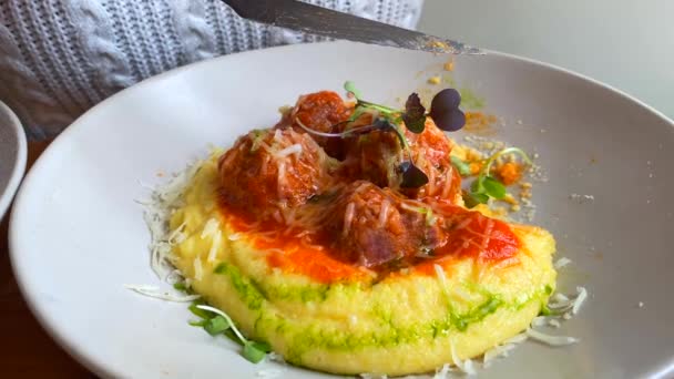 Eating Tasty Meatballs Creamy Polenta Microgreens Cheese Delicious Food Plate — Video