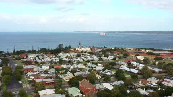 Aerial Queenscliff Australia Spirit Tasmania Enters Port Phillip Bay — Stock video
