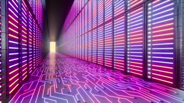 Datacenter Servers Network Blockchain Network Database Racks Stacks Neon Lights — Stock Video