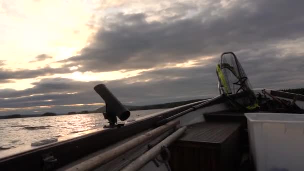 Fishing Boat Cruising Swedish Lake Rod Mount Net Cloudy Sunset — Video