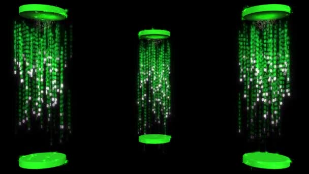 黑色背景3D动画中3个圆形平台内的绿色数据矩阵效应 — 图库视频影像