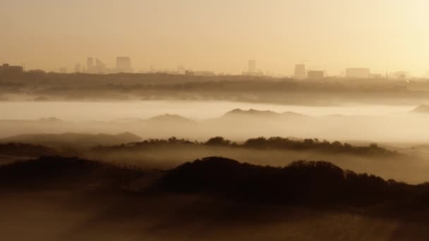 Niezwykły Mglisty Krajobraz Złotym Porannym Świetle Wschodzie Słońca Haga Dron — Wideo stockowe