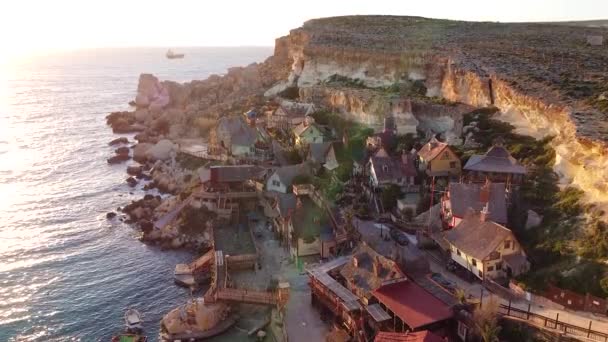 Wooden Fisherman Town Rocky Coastline Malta Aerial Ascend View — Stock Video