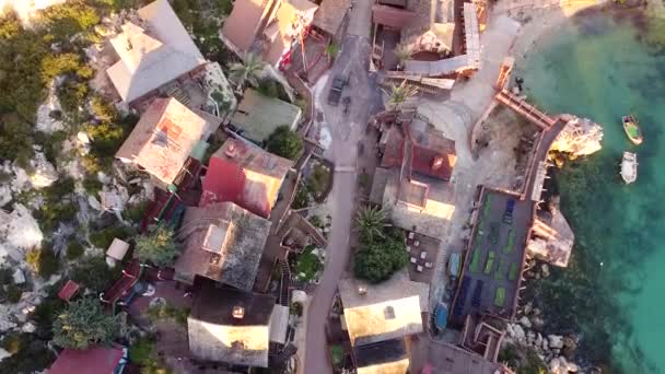 Wooden Village Mediterranean Sea Coastline Aerial Top View — стокове відео