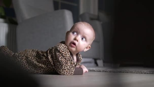 Nyfödd Baby Rulla Över Trägolv Modernt Hem Närbild — Stockvideo