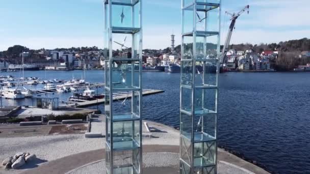Revealing Leirvik Town Sculpture Named Door Stord Ascending Aerial Vestland — Video