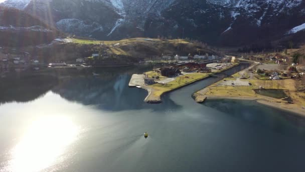 Flam Aurlandsfjord Beautiful Aerial View Sunrays Top Left Corner Bright — Vídeo de stock