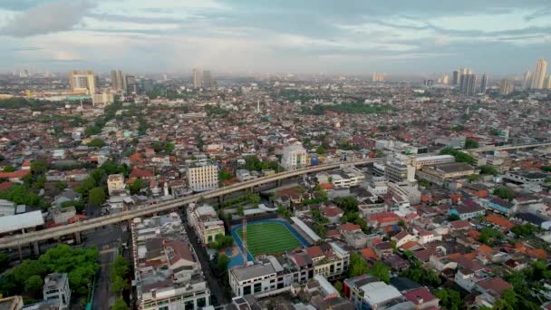 Flygfoto Över Nya Fotbollsstadion Bri Brilian Stadium Jakarta Indonesien — Stockvideo