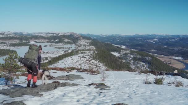 Man Backpacker His Dog Hiking Arctic Mountain Slope Winter Sunny — Vídeo de Stock