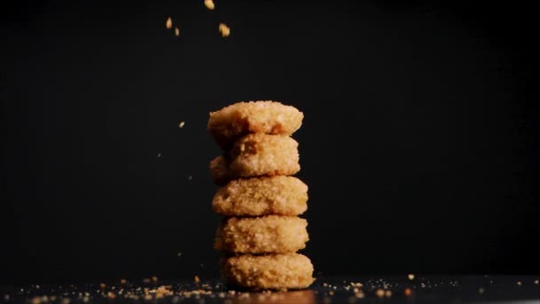 Stack Golden Brown Vegan Chicken Nuggets Getting Sprinkled Bread Crumbs — 비디오